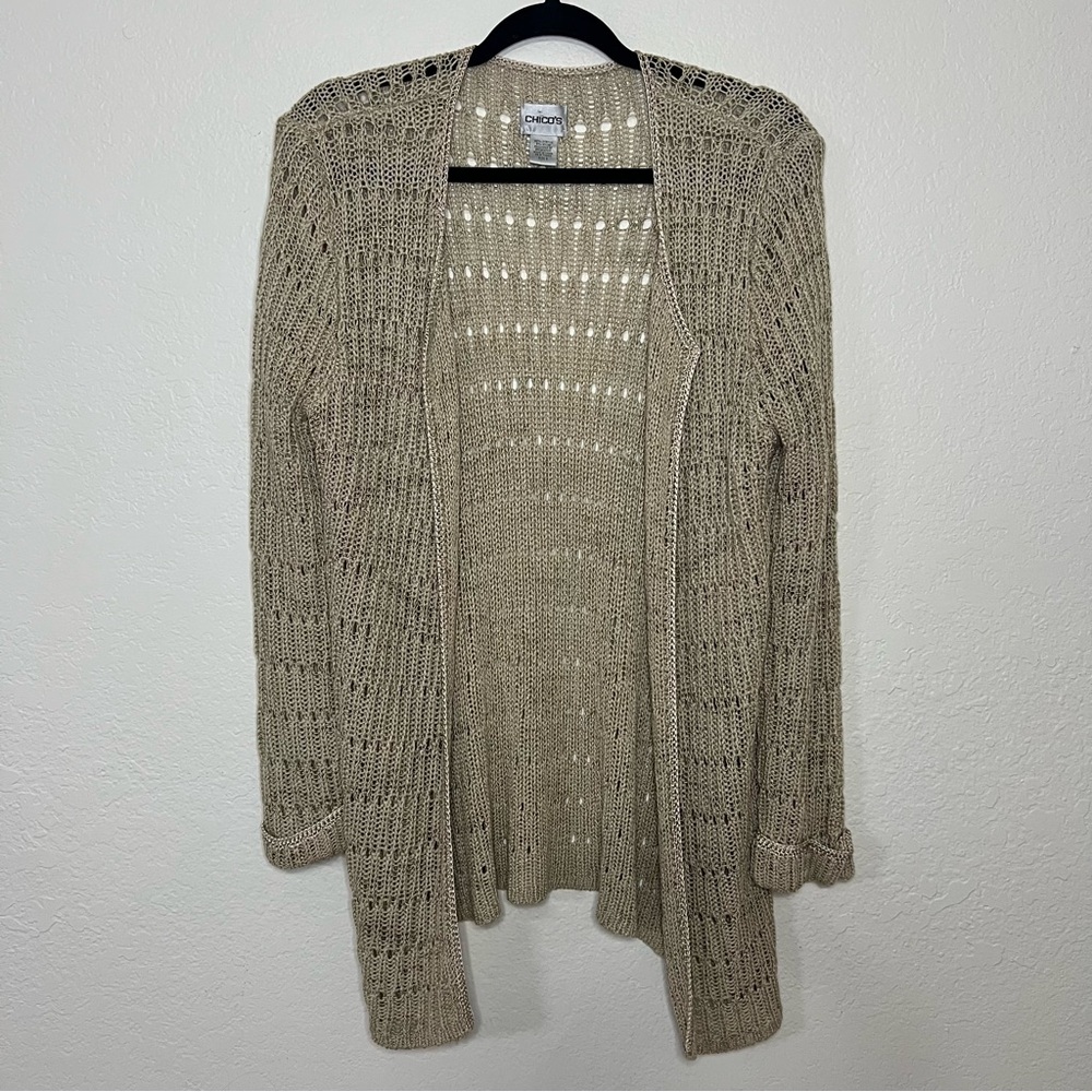 Vintage Chico’s Beige Crochet Open Cardigan Boho Sweater Women’s Size XL - 2‎